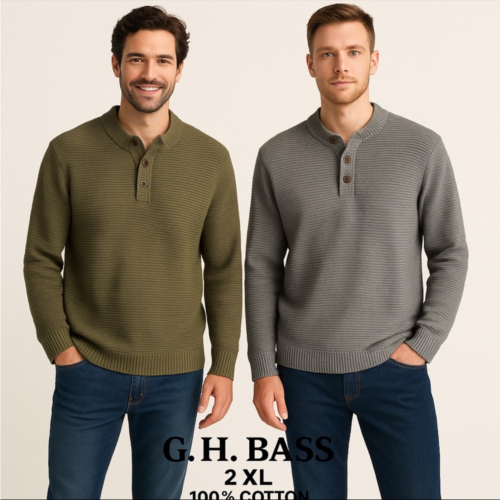 G.H. Bass XL Cotton Sweater Bundle Olive Green & Gray Button Mock Neck Pullover